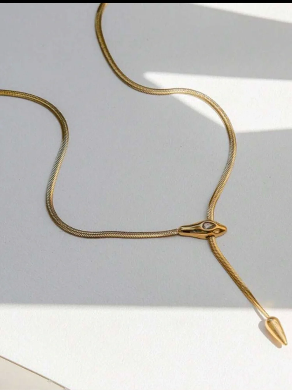 Gold Snake Lariat Necklace w/ Crystal Accent Statement Cha